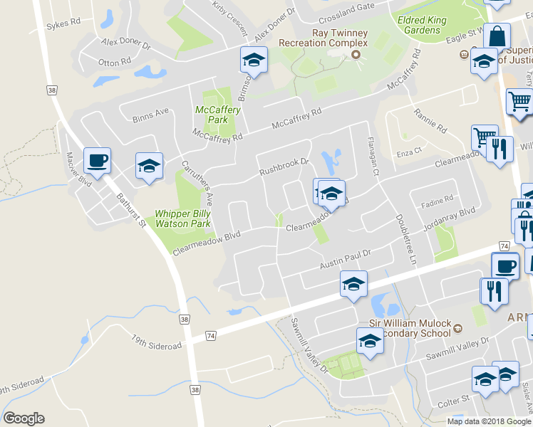 map of restaurants, bars, coffee shops, grocery stores, and more near 440 Seneca Court in Newmarket
