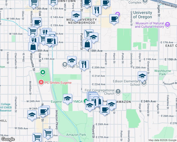 map of restaurants, bars, coffee shops, grocery stores, and more near 2046 Hilyard Street in Eugene