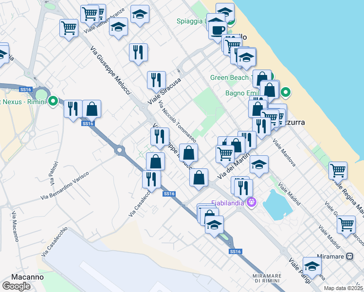 map of restaurants, bars, coffee shops, grocery stores, and more near Via Angelo Morigi in Rimini