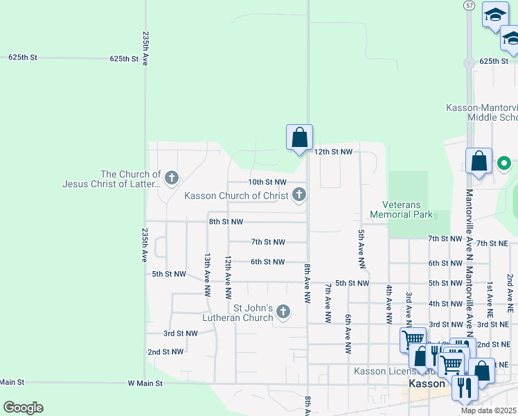 map of restaurants, bars, coffee shops, grocery stores, and more near 1005 8th Street Northwest in Kasson