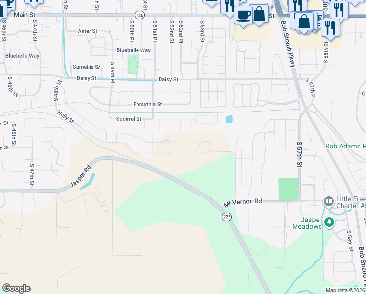 map of restaurants, bars, coffee shops, grocery stores, and more near 5400 Mount Vernon Road in Springfield