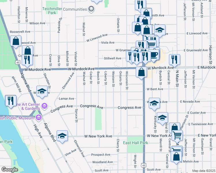 map of restaurants, bars, coffee shops, grocery stores, and more near 820 West Bent Avenue in Oshkosh