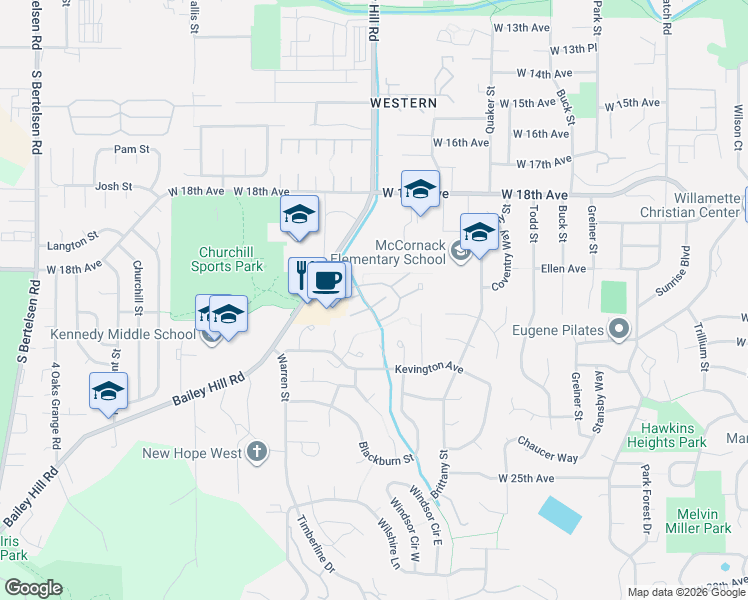 map of restaurants, bars, coffee shops, grocery stores, and more near 3536 Westleigh Street in Eugene