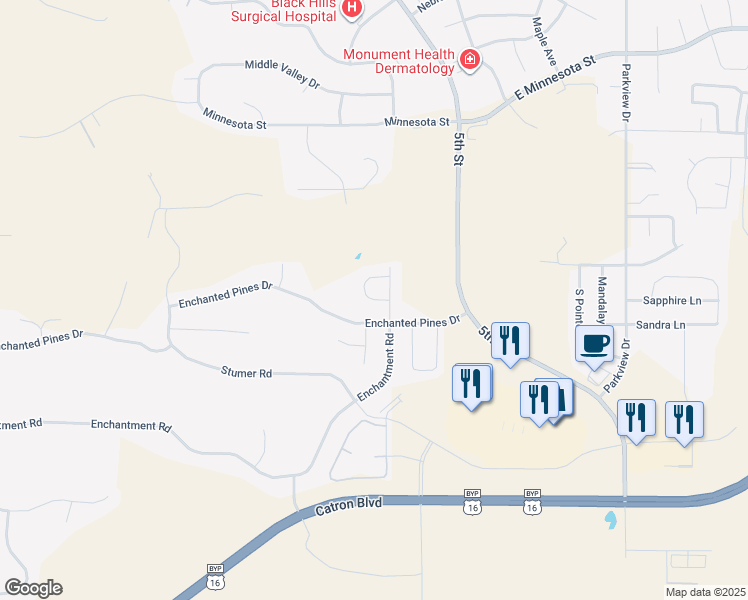 map of restaurants, bars, coffee shops, grocery stores, and more near Cambria Circle in Rapid City