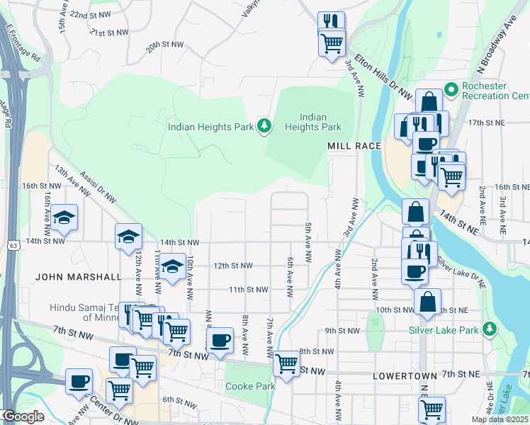 map of restaurants, bars, coffee shops, grocery stores, and more near 615 15th Street Northwest in Rochester
