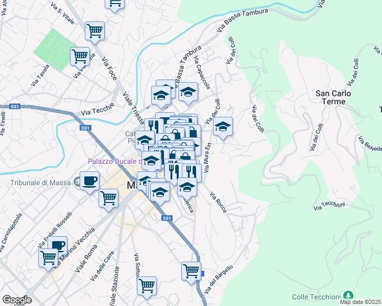 map of restaurants, bars, coffee shops, grocery stores, and more near 27 Piazza Aranci in Massa