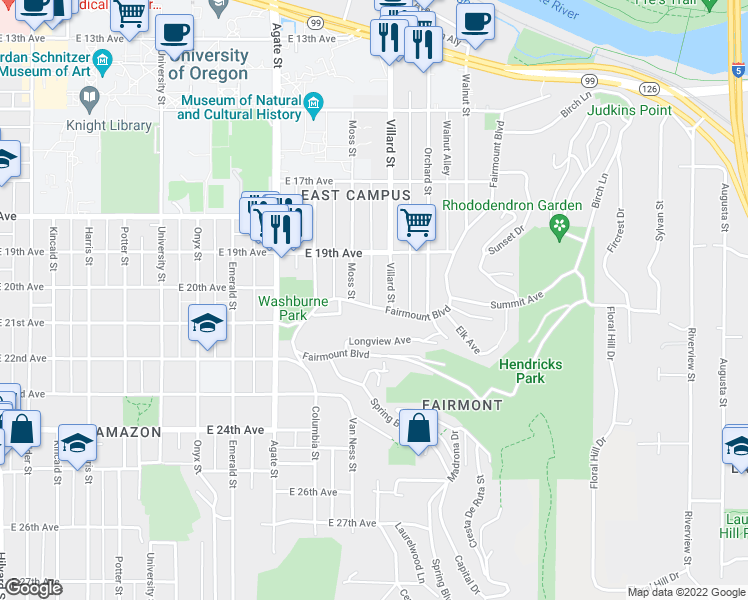map of restaurants, bars, coffee shops, grocery stores, and more near 2242 Fairmount Boulevard in Eugene