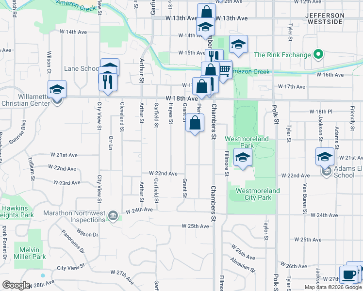 map of restaurants, bars, coffee shops, grocery stores, and more near 2121 Grant Street in Eugene