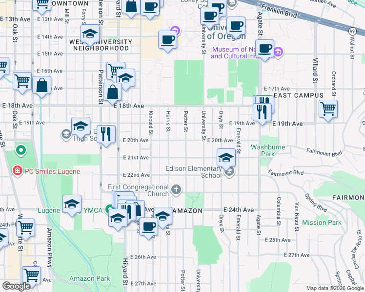 map of restaurants, bars, coffee shops, grocery stores, and more near 2028 Potter Street in Eugene