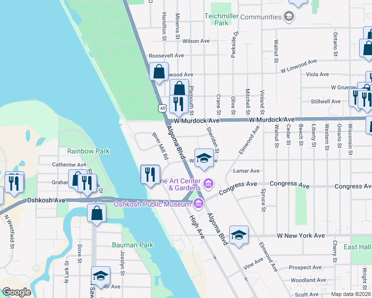 map of restaurants, bars, coffee shops, grocery stores, and more near 1622 Algoma Boulevard in Oshkosh