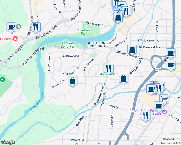map of restaurants, bars, coffee shops, grocery stores, and more near 61583 Summer Shade Drive in Bend