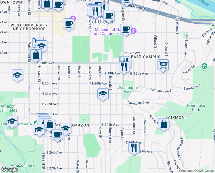 map of restaurants, bars, coffee shops, grocery stores, and more near 2072 Emerald Street in Eugene