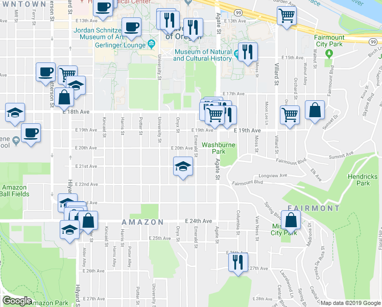 map of restaurants, bars, coffee shops, grocery stores, and more near 2072 Emerald Street in Eugene