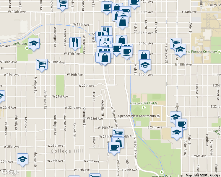 map of restaurants, bars, coffee shops, grocery stores, and more near 2055 Willamette Street in Eugene