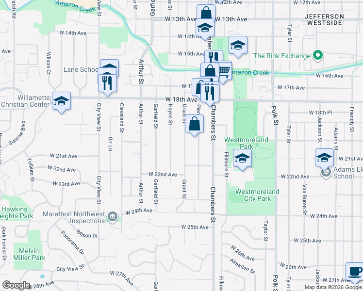 map of restaurants, bars, coffee shops, grocery stores, and more near 2121 Grant Street in Eugene