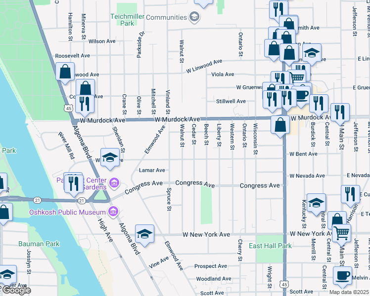 map of restaurants, bars, coffee shops, grocery stores, and more near 1112 West Bent Avenue in Oshkosh