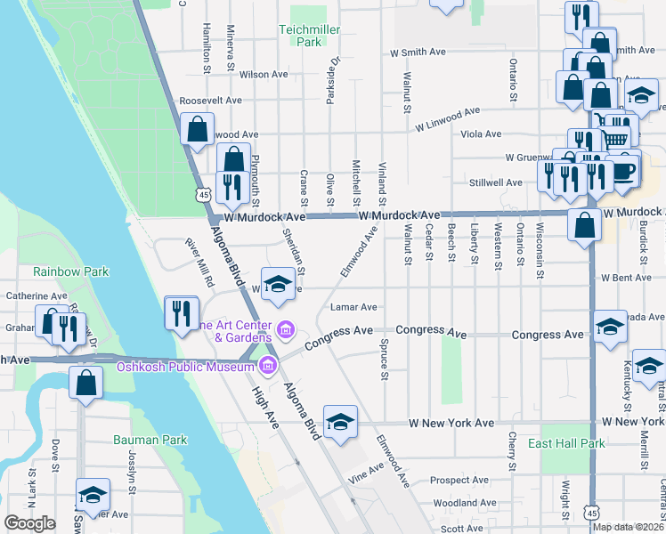 map of restaurants, bars, coffee shops, grocery stores, and more near 1408 West Bent Avenue in Oshkosh