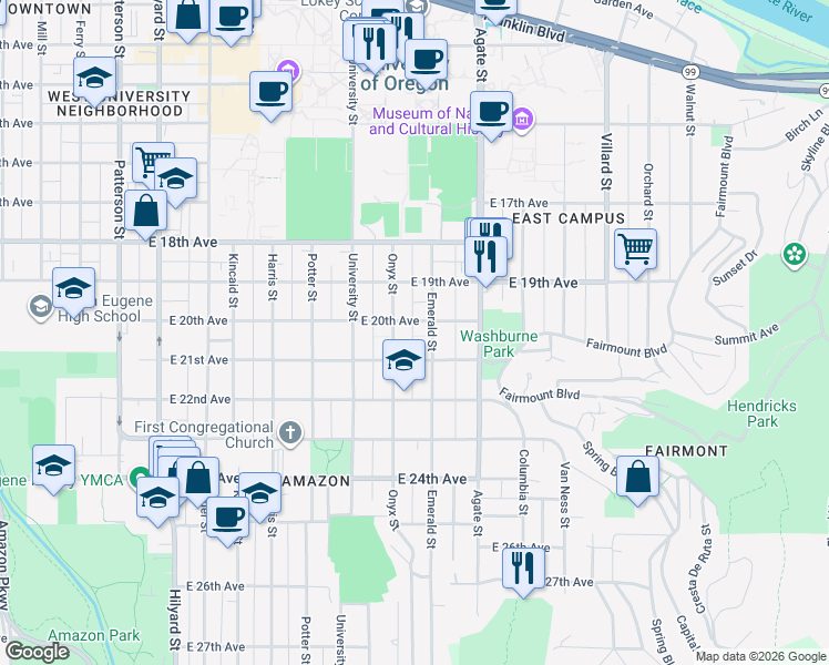map of restaurants, bars, coffee shops, grocery stores, and more near 2024 Emerald Street in Eugene