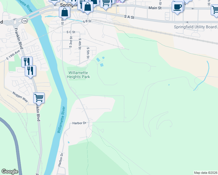 map of restaurants, bars, coffee shops, grocery stores, and more near 737 Shasta Boulevard in Springfield