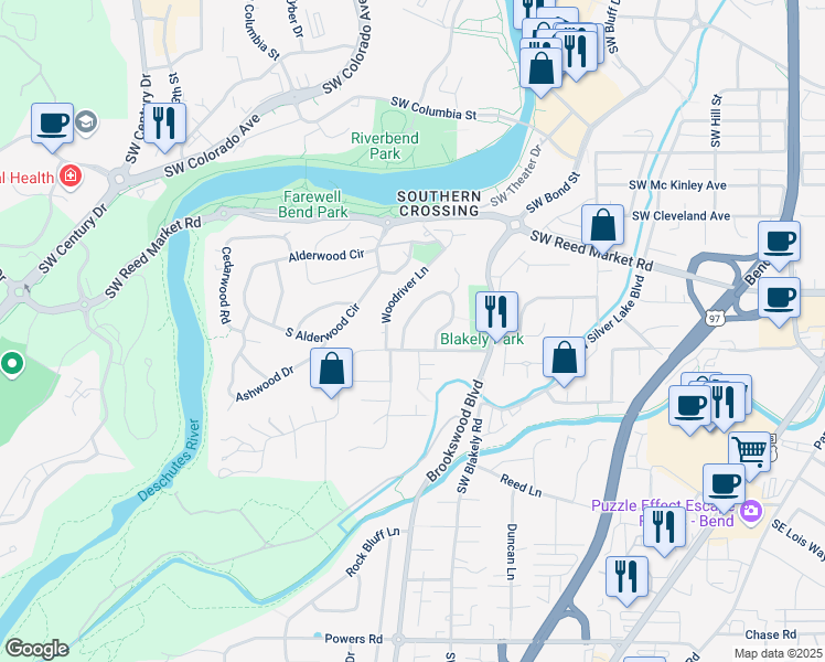 map of restaurants, bars, coffee shops, grocery stores, and more near 61583 Summer Shade Drive in Bend