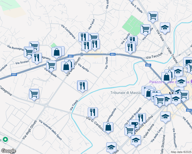 map of restaurants, bars, coffee shops, grocery stores, and more near 53 Via Tinelli in Massa