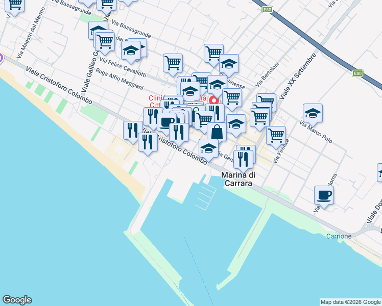 map of restaurants, bars, coffee shops, grocery stores, and more near 2 Viale Cristoforo Colombo in Carrara