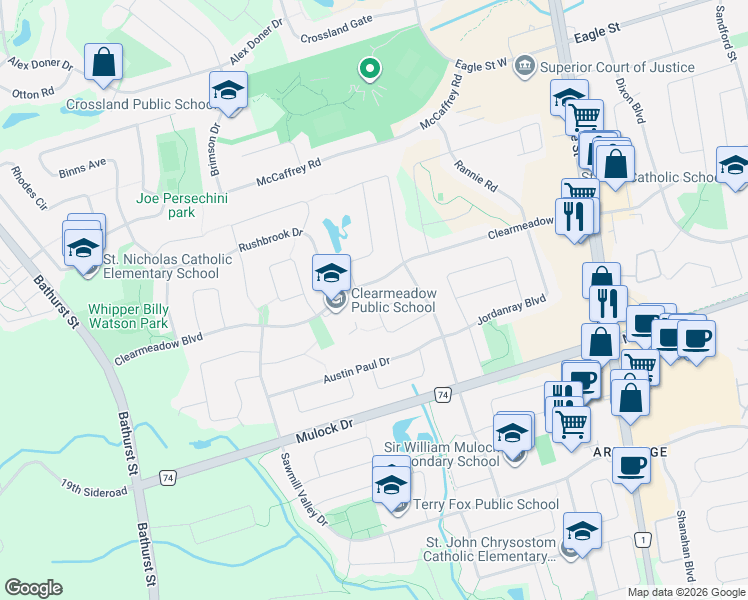 map of restaurants, bars, coffee shops, grocery stores, and more near in Newmarket