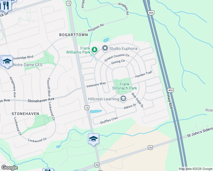 map of restaurants, bars, coffee shops, grocery stores, and more near 1062 Blackhall Crescent in Newmarket