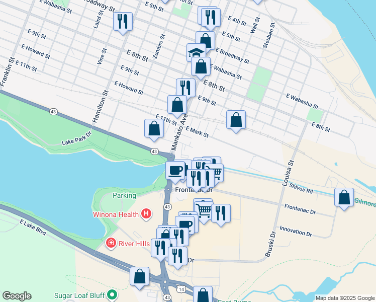 map of restaurants, bars, coffee shops, grocery stores, and more near 835 East 12th Street in Winona