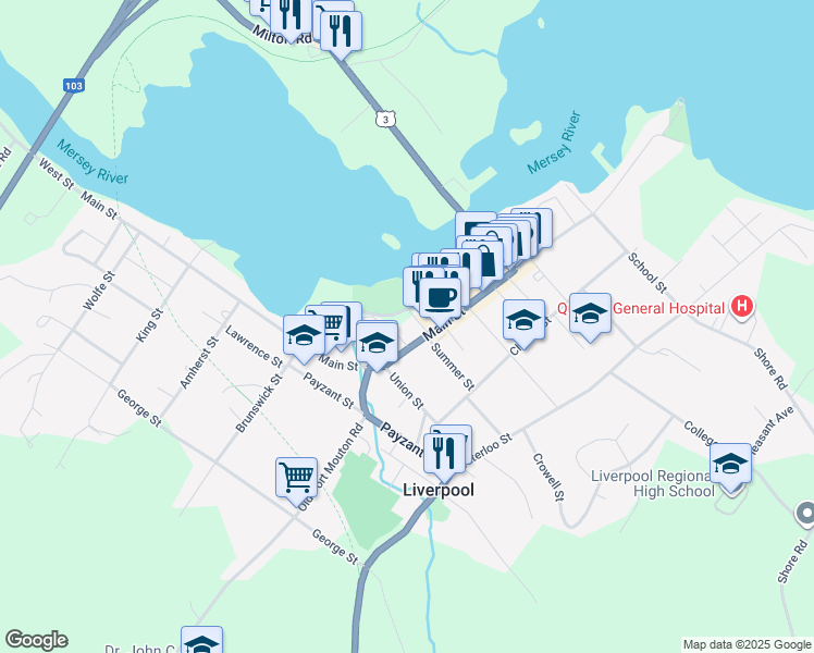 map of restaurants, bars, coffee shops, grocery stores, and more near 382 Main Street in Liverpool