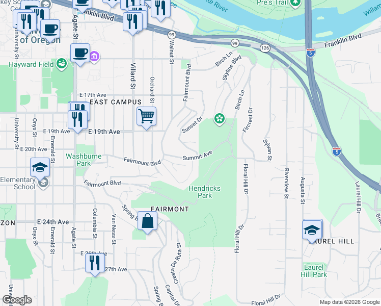 map of restaurants, bars, coffee shops, grocery stores, and more near 1990 Parkside Drive in Eugene