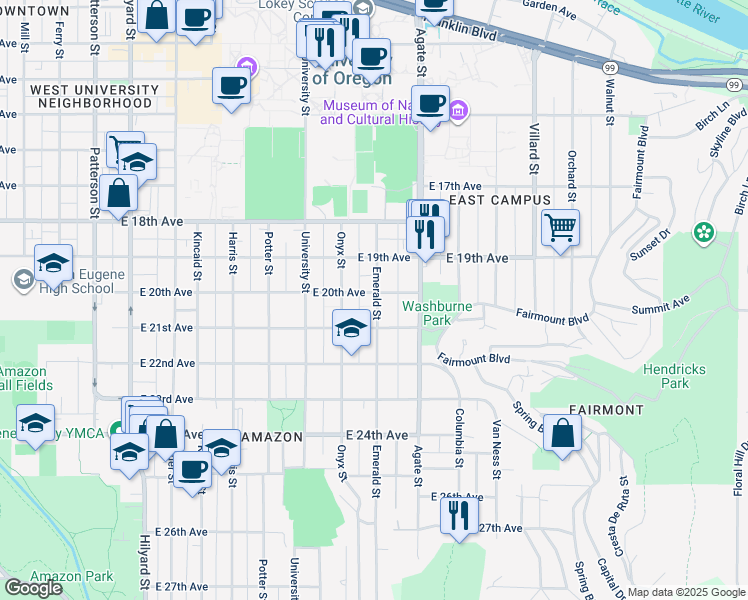 map of restaurants, bars, coffee shops, grocery stores, and more near 2072 Emerald Street in Eugene