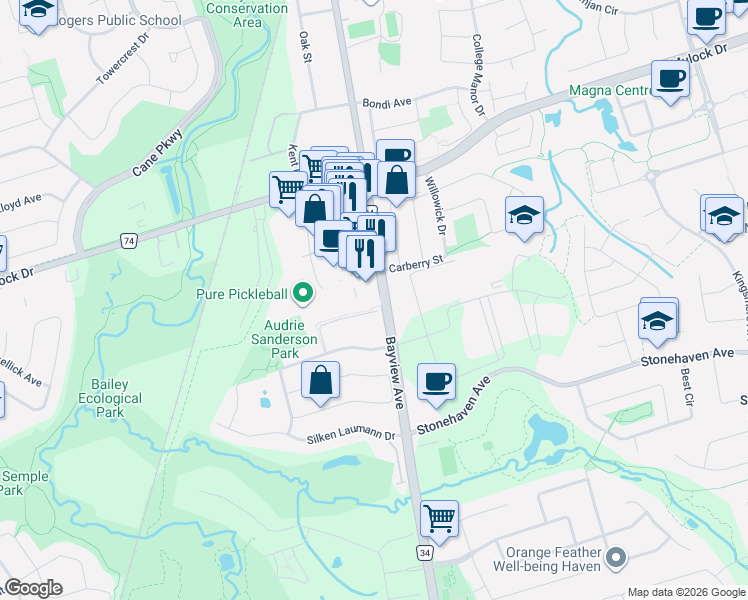 map of restaurants, bars, coffee shops, grocery stores, and more near 529 Pelletier Court in Newmarket