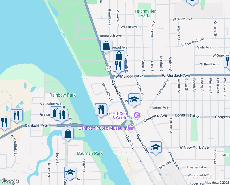 map of restaurants, bars, coffee shops, grocery stores, and more near 1611 Algoma Boulevard in Oshkosh