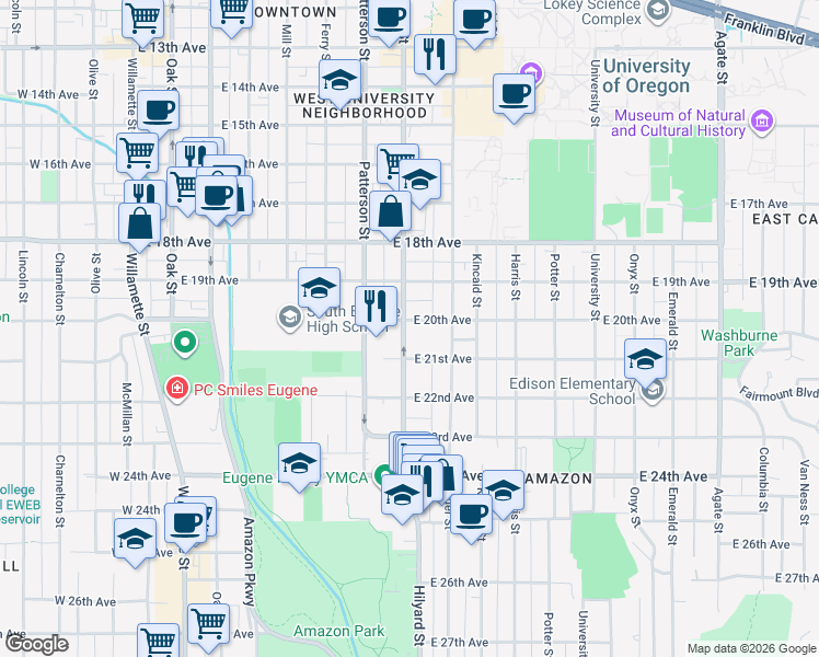 map of restaurants, bars, coffee shops, grocery stores, and more near 2009 Hilyard Street in Eugene