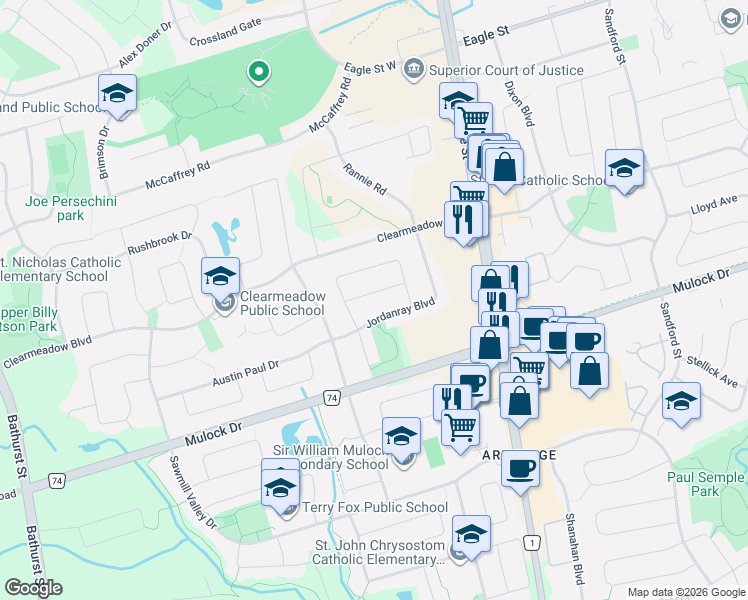 map of restaurants, bars, coffee shops, grocery stores, and more near 122 Fadine Road in Newmarket