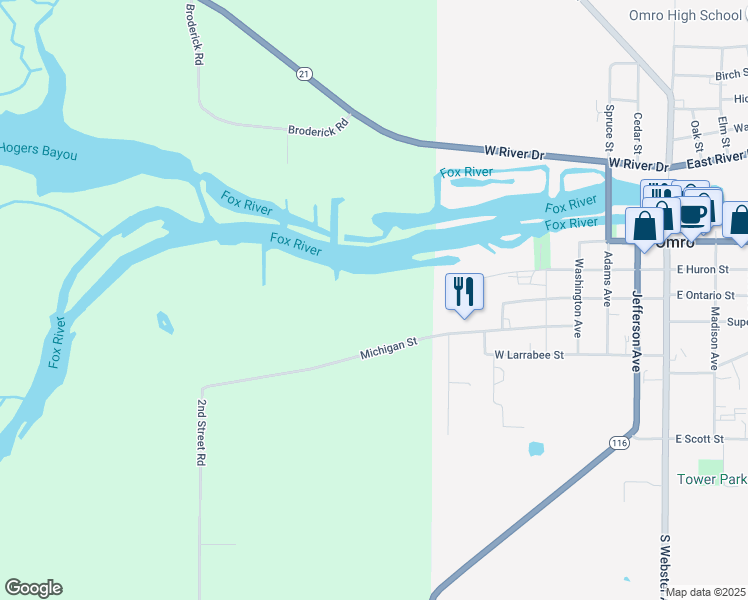 map of restaurants, bars, coffee shops, grocery stores, and more near 895 Michigan Street in Omro