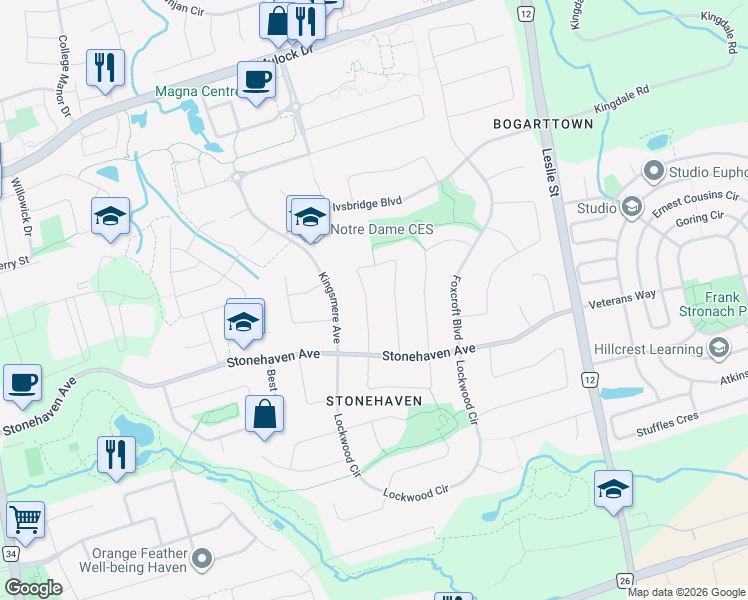map of restaurants, bars, coffee shops, grocery stores, and more near 684 Exceller Circle in Newmarket