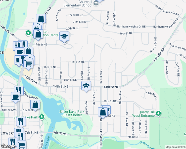 map of restaurants, bars, coffee shops, grocery stores, and more near 1001 15th Street Northeast in Rochester