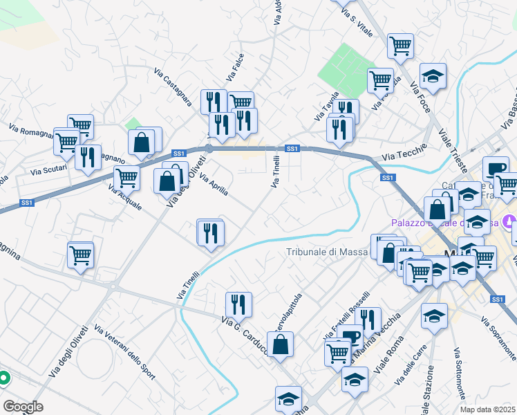 map of restaurants, bars, coffee shops, grocery stores, and more near 53 Via Tinelli in Massa
