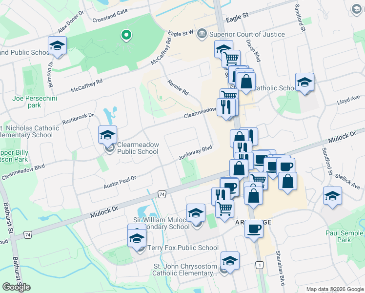 map of restaurants, bars, coffee shops, grocery stores, and more near in Newmarket