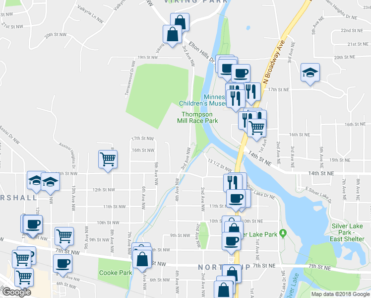 map of restaurants, bars, coffee shops, grocery stores, and more near 1405 3rd Avenue Northwest in Rochester