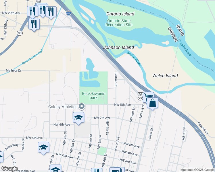 map of restaurants, bars, coffee shops, grocery stores, and more near 930 Northwest 4th Street in Ontario