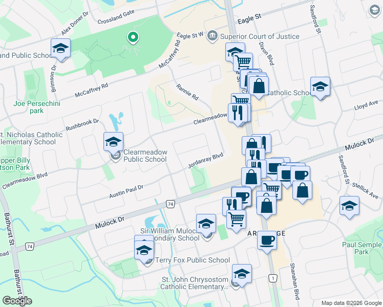 map of restaurants, bars, coffee shops, grocery stores, and more near in Newmarket