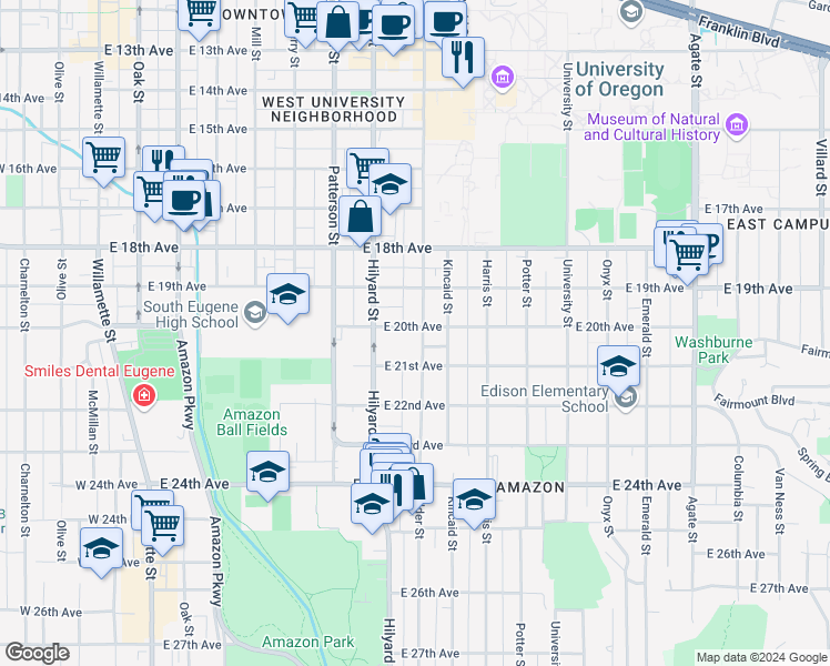 map of restaurants, bars, coffee shops, grocery stores, and more near 2010 Alder Street in Eugene