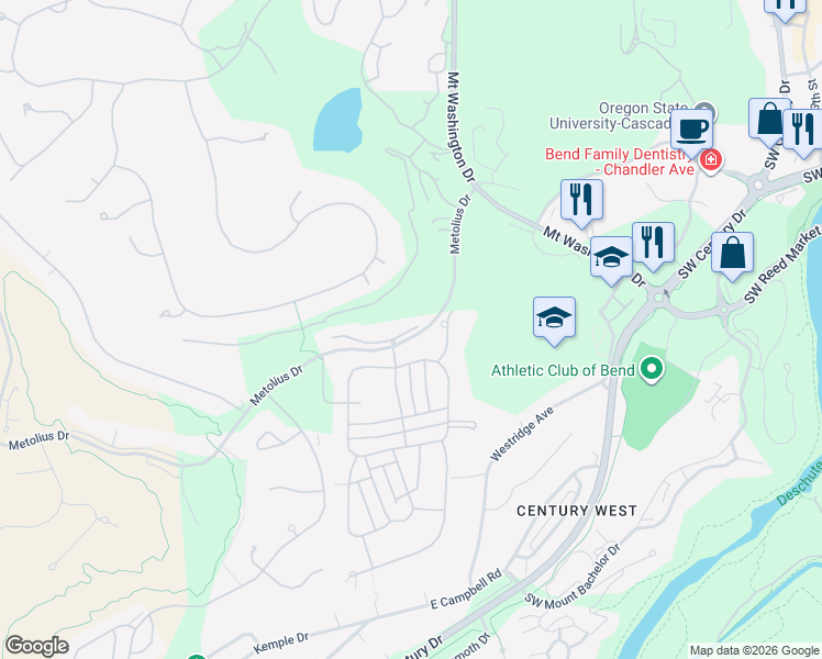 map of restaurants, bars, coffee shops, grocery stores, and more near 19570 Fairway Ridge Ln in Bend