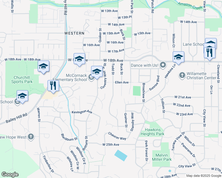 map of restaurants, bars, coffee shops, grocery stores, and more near 2052 Todd Street in Eugene
