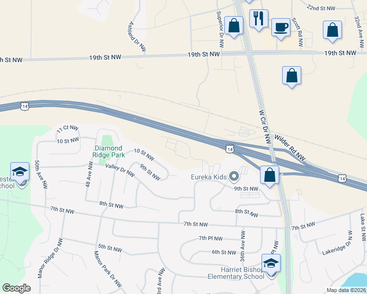 map of restaurants, bars, coffee shops, grocery stores, and more near 1061 Pendant Lane Northwest in Rochester