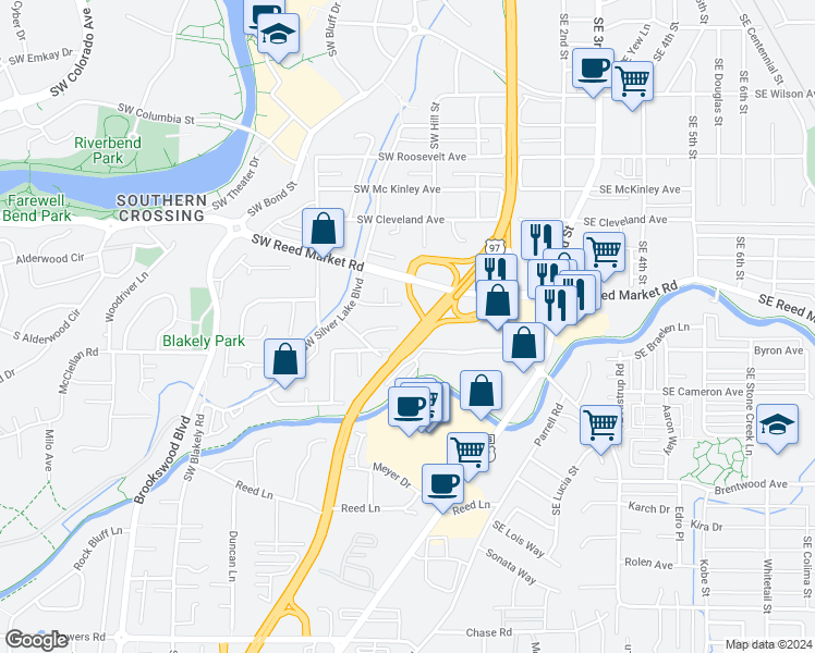 map of restaurants, bars, coffee shops, grocery stores, and more near 105 Southwest Hayes Avenue in Bend