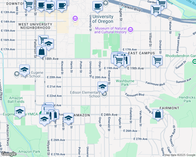 map of restaurants, bars, coffee shops, grocery stores, and more near 2074 Onyx Street in Eugene